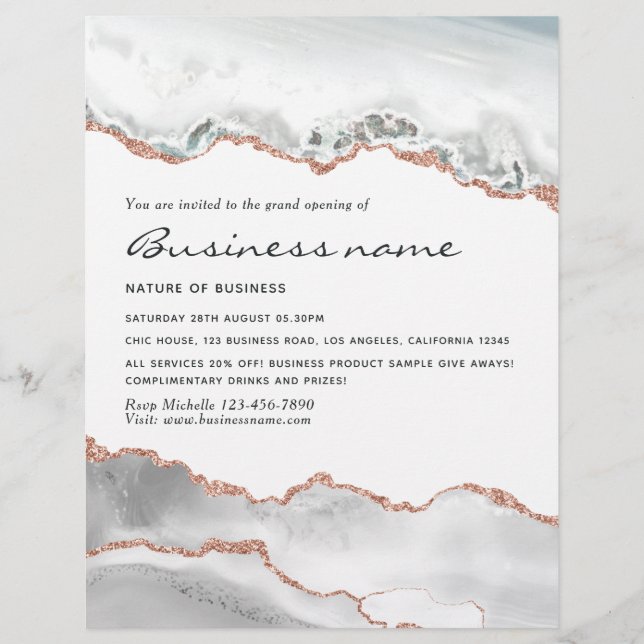 Flyer White and Rose Gold Agate Grand Opening Invitation (Frente)