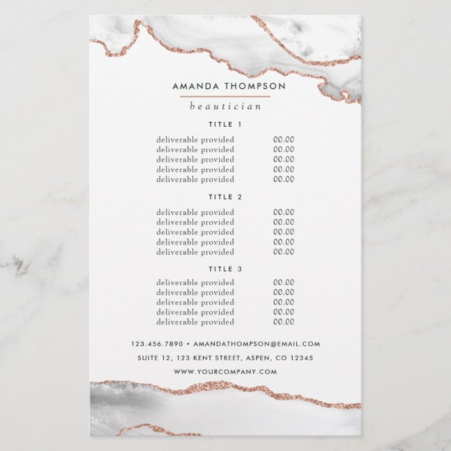 Flyer White and Rose Gold Agate Pricing and Services (Frente)