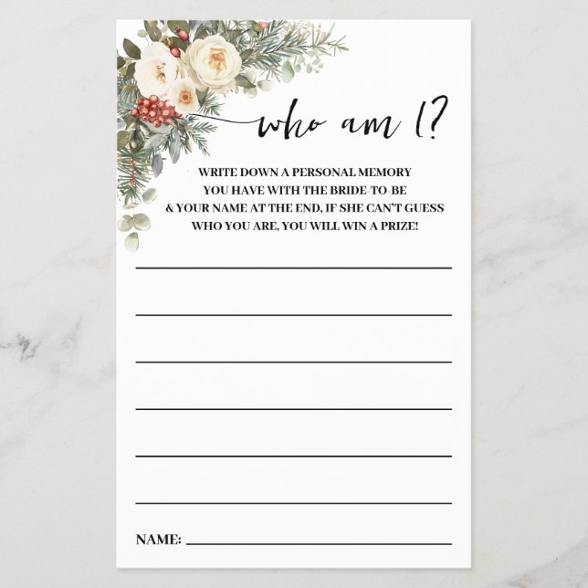 Flyer Who am I? Winter Flowers Bridal Shower Game Card (Frente)