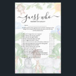 Flyer Wild One Safari 'Adivinha Quem' Chá de fraldas<br><div class="desc">Projetado para coordenar com nossos convites para chuveiros de bebê 'Wild One safari'. Este chá de fraldas bonitinho 'Adivinhem quem', Mamãe ou jogo de Pai, apresenta ilustrações aquarelas de um macaco e papagaio, entre um fundo de selva verde. . Todas as perguntas podem ser editadas, então se você quiser mudá-las...</div>