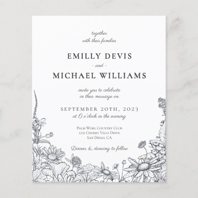 Flyer Wildflower Botanic Classic Elegant Wedding Invitat (Frente)