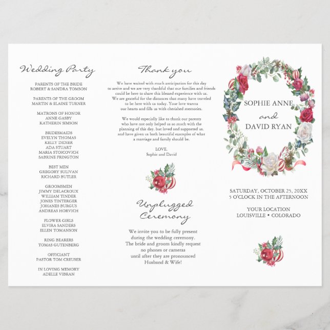 Flyer Winter Floral Wreath Tri+Fold Weding Program (Frente)