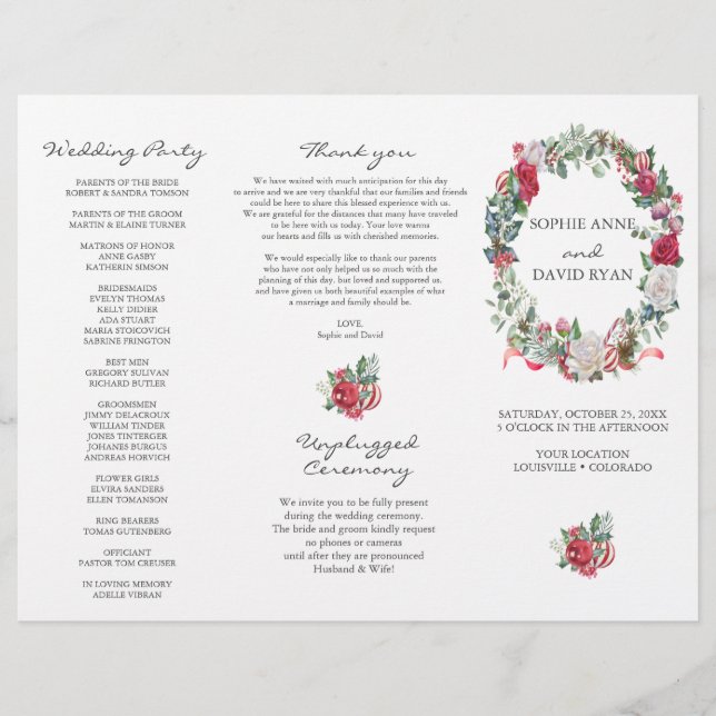 Flyer Winter Floral Wreath Tri+Fold Weding Program (Frente)
