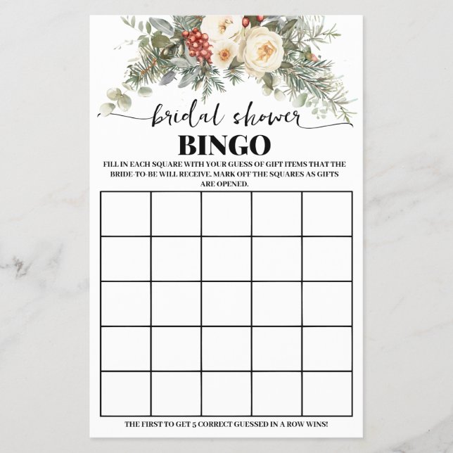 Flyer Winter White Floral Bridal Shower Bingo Game Card (Frente)