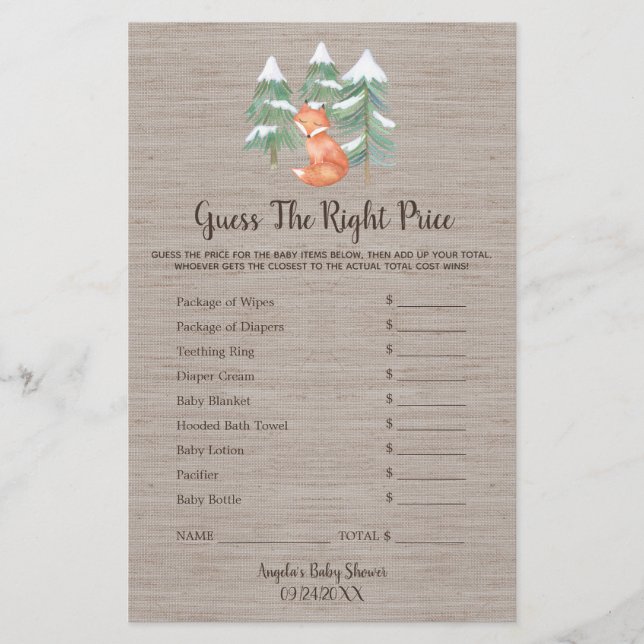 Flyer Winter Woodland Fox Guess the Right Price Game (Frente)