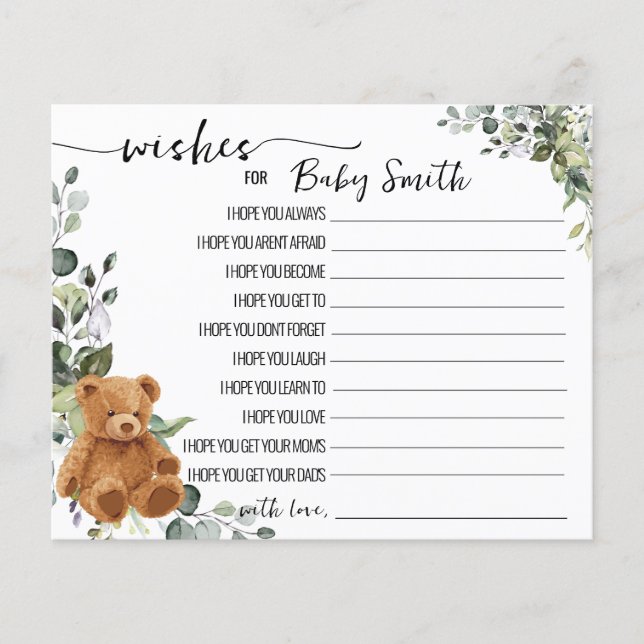 Flyer Wishes for the Baby Bear Greenery Baby Shower Card (Frente)
