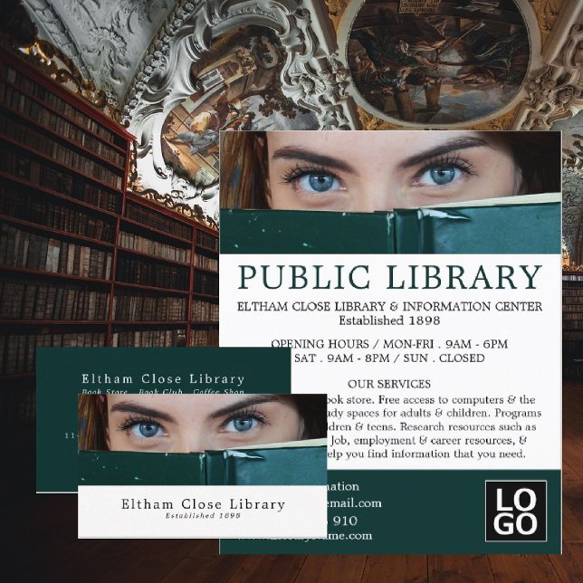 Flyer Woman Behind Book, Library Advertising (Criador carregado)