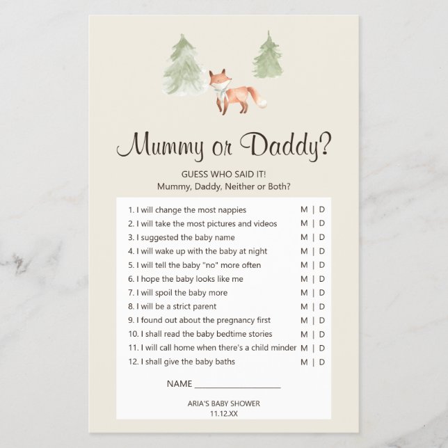 Flyer Woodland Fox Baby Shower Mummy or Daddy Game (Frente)