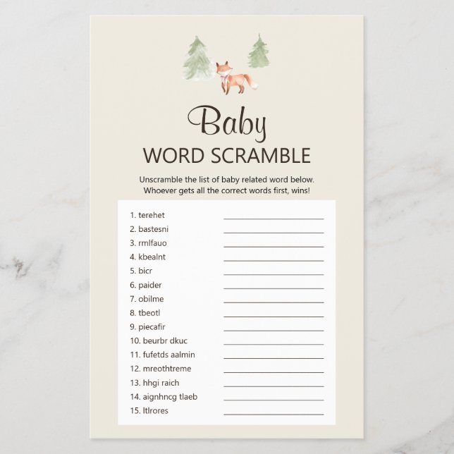Flyer Woodland Fox Girl Chá Baby Word Scramble Game (Frente)