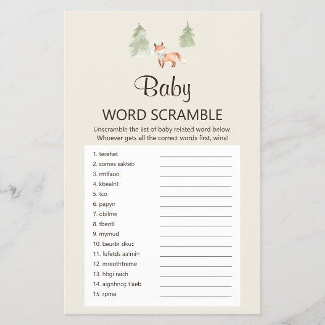 Flyer Woodland Fox Shower UK Baby Word Scramble Game (Frente)
