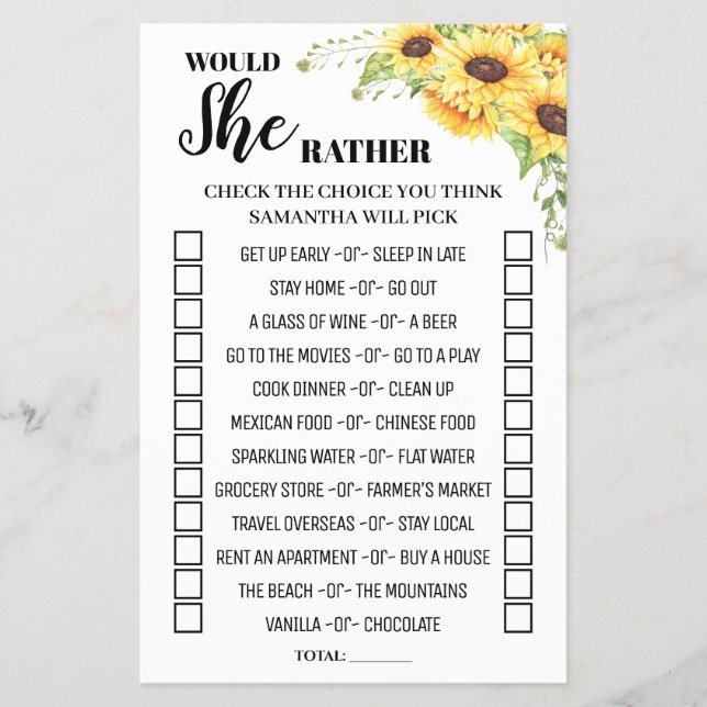 Flyer Would She Rather Sunflower Bridal Shower Game Card (Frente)