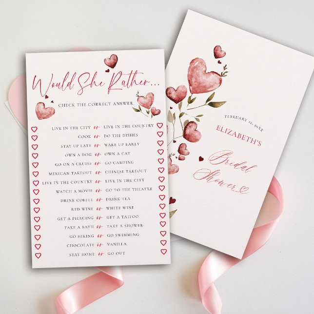 Flyer Would She Rather Valentine Vine Bridal Shower Game (would she rather valentine bridal shower game watercolor hearts vine romantic lovebirds love)