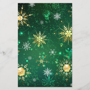 Flyer Xmas Golden Snowflakes on Green Background