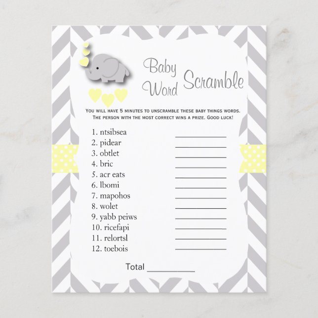 Flyer Yellow & Gray Elephant Baby Shower - Scramble (Frente)