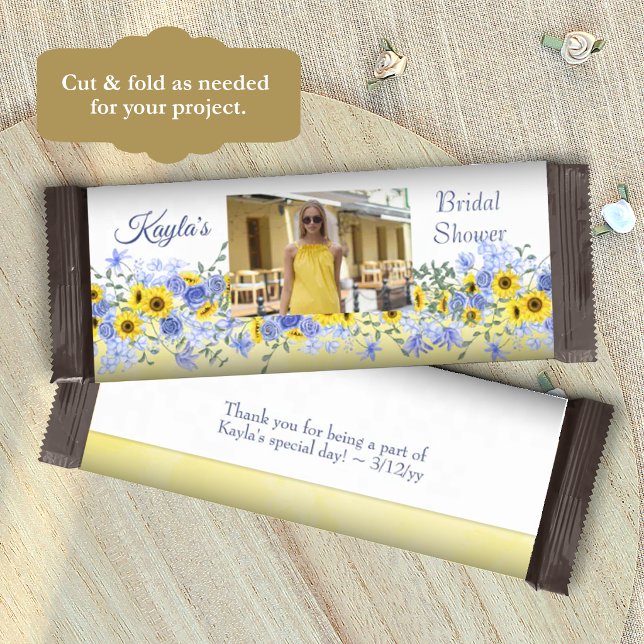 Flyer Yellow, Light Blue Bridal Shower Candy Bar Label (yellow sunflower and light blue bridal shower party favor, personalized candy bar wrapper label)