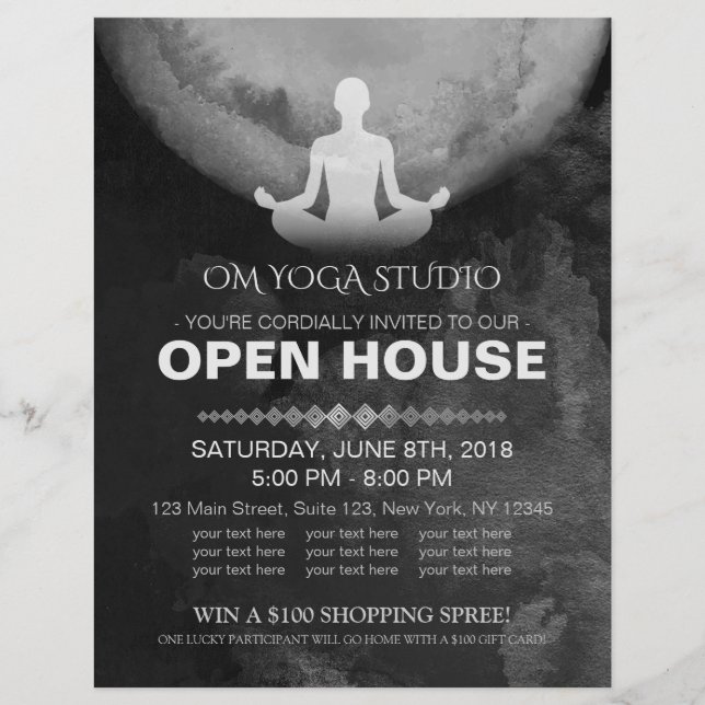 Flyer Yoga Instrutor B&W Meditação Pose ZEN Open House (Frente)
