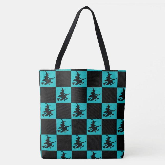 Flying Witch Black & Teal Checkered Tote Bag (Frente)