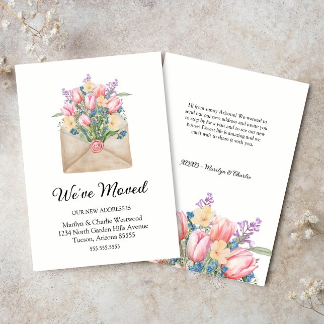 Fofo Movido Floral Novas Cartões De Nota De Endere (elegant we've moved change of address notecards with watercolor floral tulips and wildflowers)