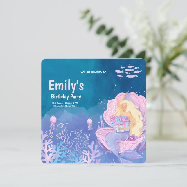 Fofo sob o mar Sereia Convite de Aniversário (Em pé/Frente)