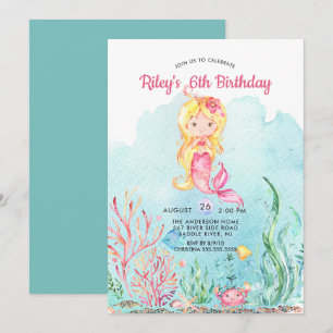 Fofo sob o mar Sereia Convite de Aniversário