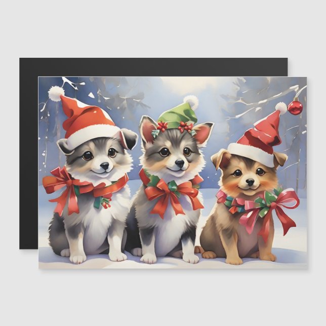 Fofos Filhotes de Natal com Chapéus de Papai Noel  (Frente/Verso)