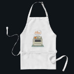Fogão retro/cozinha moderna avental personalizado<br><div class="desc">Um avental que caracteriza uma ilustração de um fogão bege retro com um pote alaranjado que senta-se na parte superior.  O fogão está em um assoalho azul.  Personalize o texto na parte superior.</div>