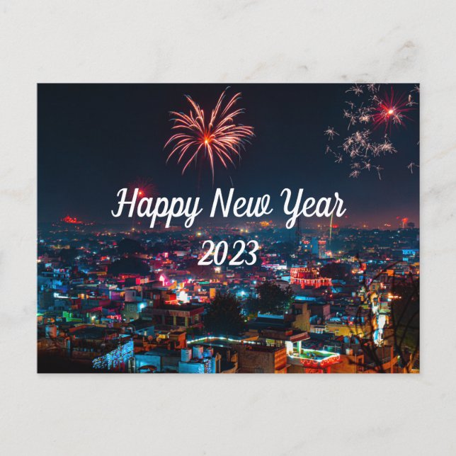 Fogos de artifício do feliz ano novo no cartão pos (Frente)