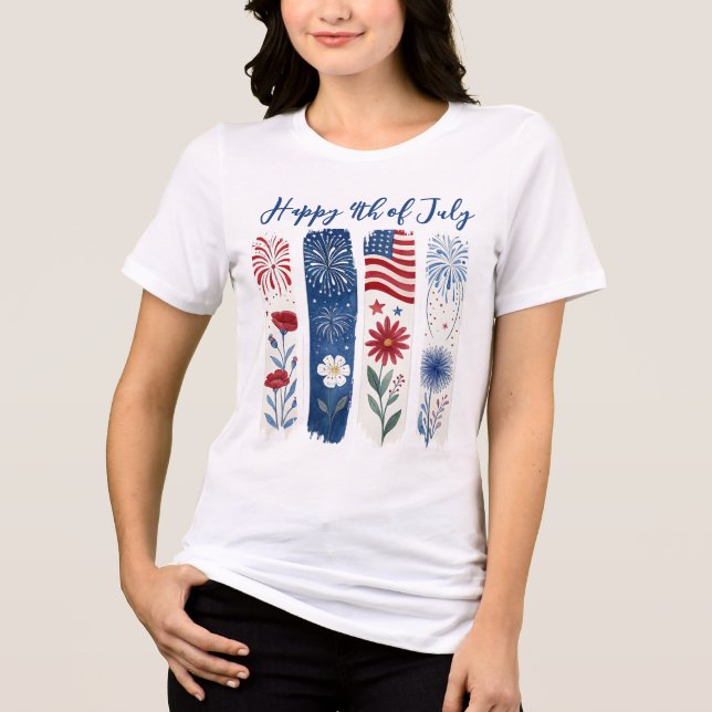 Fogueira Floral Patriótica, 4 de Julho Tri-Blend (Frente)