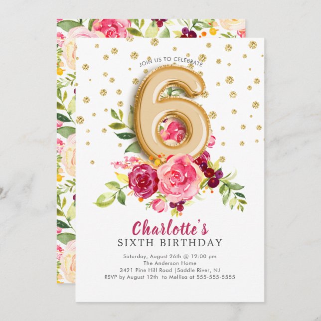Foil Balão Floral 6 Aniversário Convite (Frente/Verso)