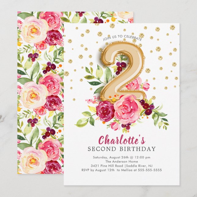 Foil Balão segundo aniversário Floral Convite (Frente/Verso)