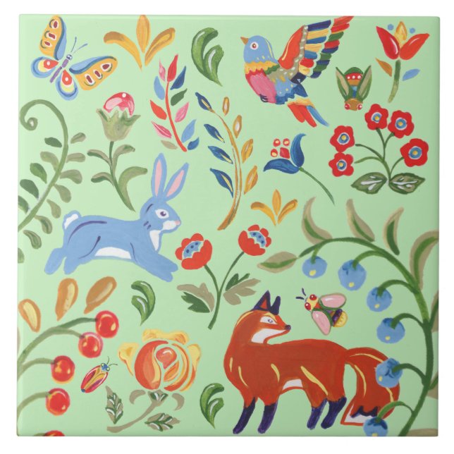 FolArt Green Animal Woodland Floral Fox Rabbit (Frente)