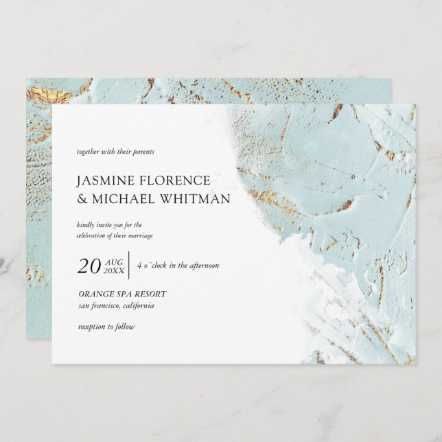 folha azul texturizada Folha de ouro azul Convite  (Frente/Verso)