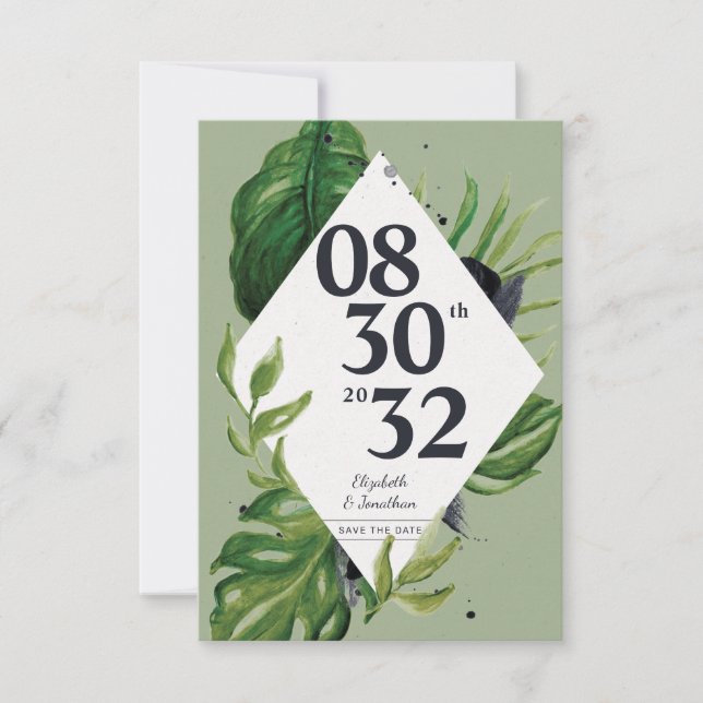 Folha da selva tropical verde moderno salvar a dat (Frente)