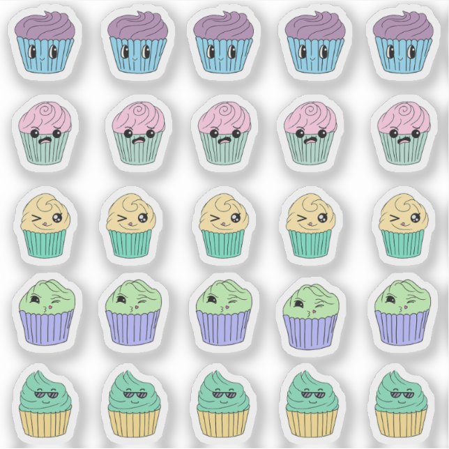 Folha de 25 Adesivos de Cupcake Kawaii Fofos (Frente)