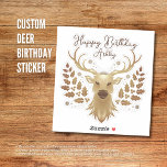 Folha de adesivo de veado de aniversário personali<br><div class="desc">Adicione um toque de elegância majestosa às suas celebrações de aniversário com o nosso Ouro personalizado Deer Birthday Sticker Sheet! Essa design encantadora apresenta uma linda e estilizada cabeça de cervo com impressionantes galhadas, enquadrada por delicada folhagem de ouro e faísca festiva. Personalize com "Parabéns" e o nome do convidado...</div>