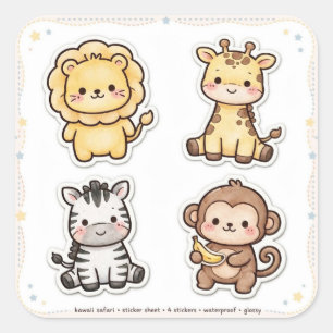 Folha de Adesivos de Animais Kawaii 6 Unidades   À