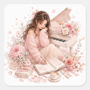 Folha de Adesivos de Piano Floral Rosa Suave