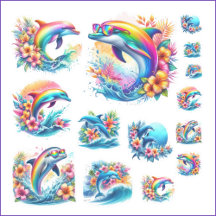 Folha de adesivos Rainbow Dolphin e Ocean Retro