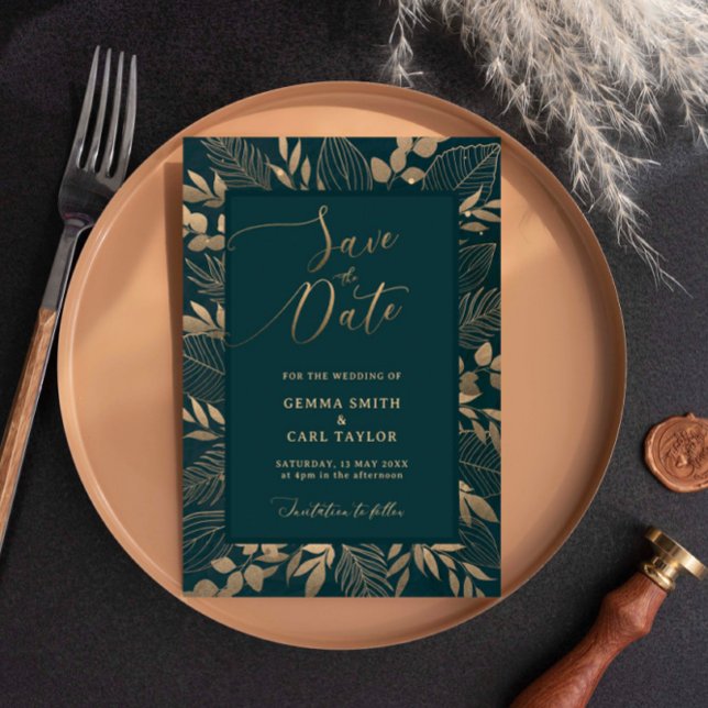 Folha de Folhagem Dourada Salvar a Data Convite (Criador carregado)