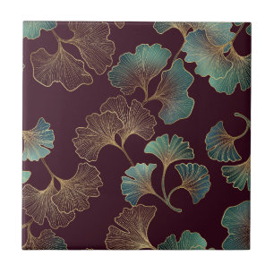 Folha de Ginkgo Elegante em Borgonha e Azul Turque