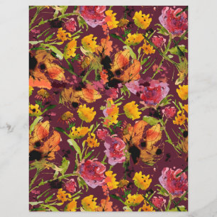 Folha de Papel com Flores de Tinta Pintadas à Mão