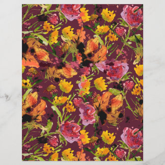 Folha de Papel com Flores de Tinta Pintadas à Mão