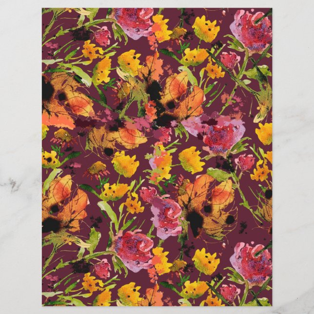 Folha de Papel com Flores de Tinta Pintadas à Mão (Frente)