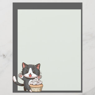 Folha de papel de gato cinza fofo e cupcake