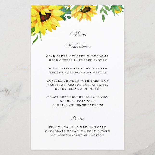 Folha de Papel de Menu de Casamento Rústico Girass (Frente)