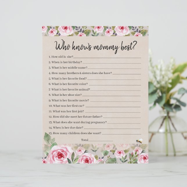 Folha de papel jogo Quem conhece melhor a mamãe? (Em pé/Frente)