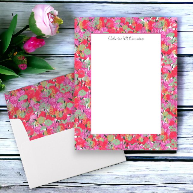 Folha de Papel Personalizada Floral Rosa Vermelho  (Coordinating custom stationery with matching lined envelopes)