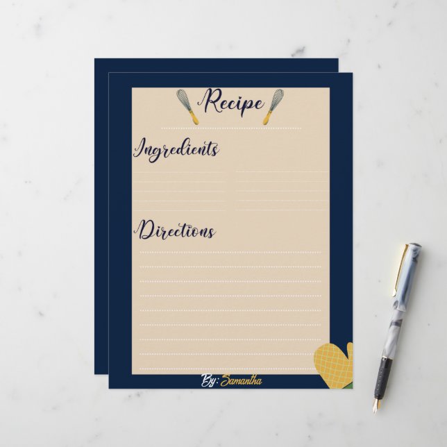 Folha de Receita de Culinária Azul Minimalista Per (Frente/Verso In Situ)