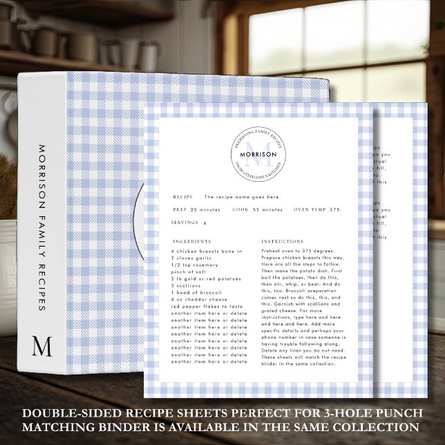 Folha de Receitas da Família Monograma de Verifica (Preserving Family Recipes Blue Check Double-Sided Recipe Sheet Template. Example text will guide you)