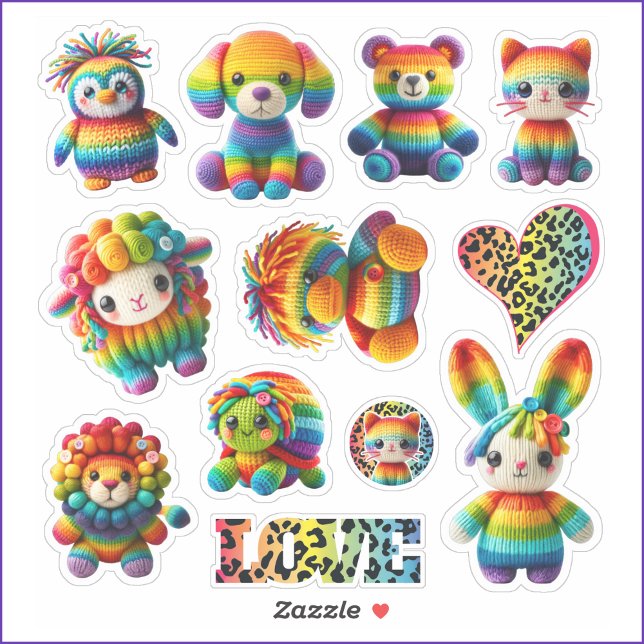 Folha do adesivo "Rainbow" e "Leopardo Print Stick (Cute Rainbow Knitted Animal Stickers are fun for back to school or stocking or basket filler. 8x8")